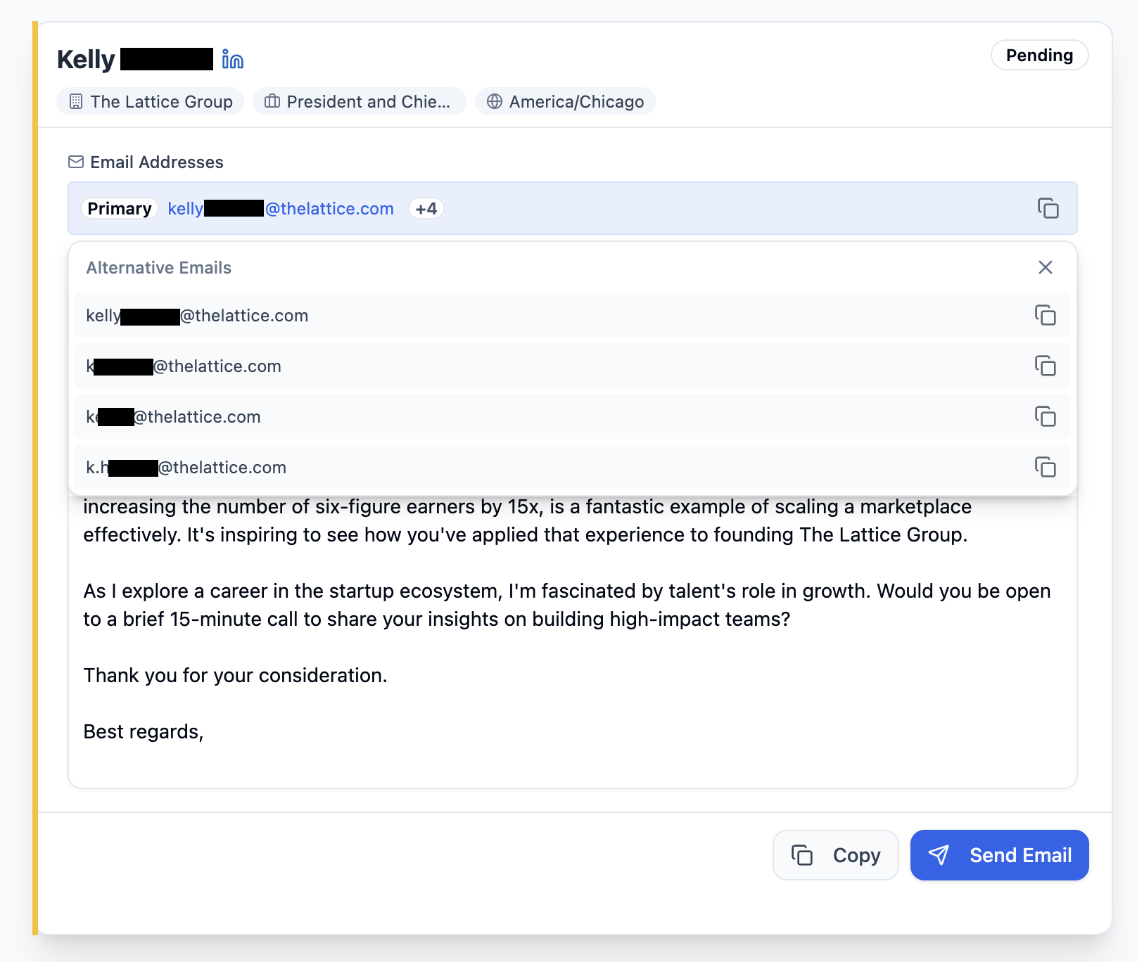 Email finder showing verified results